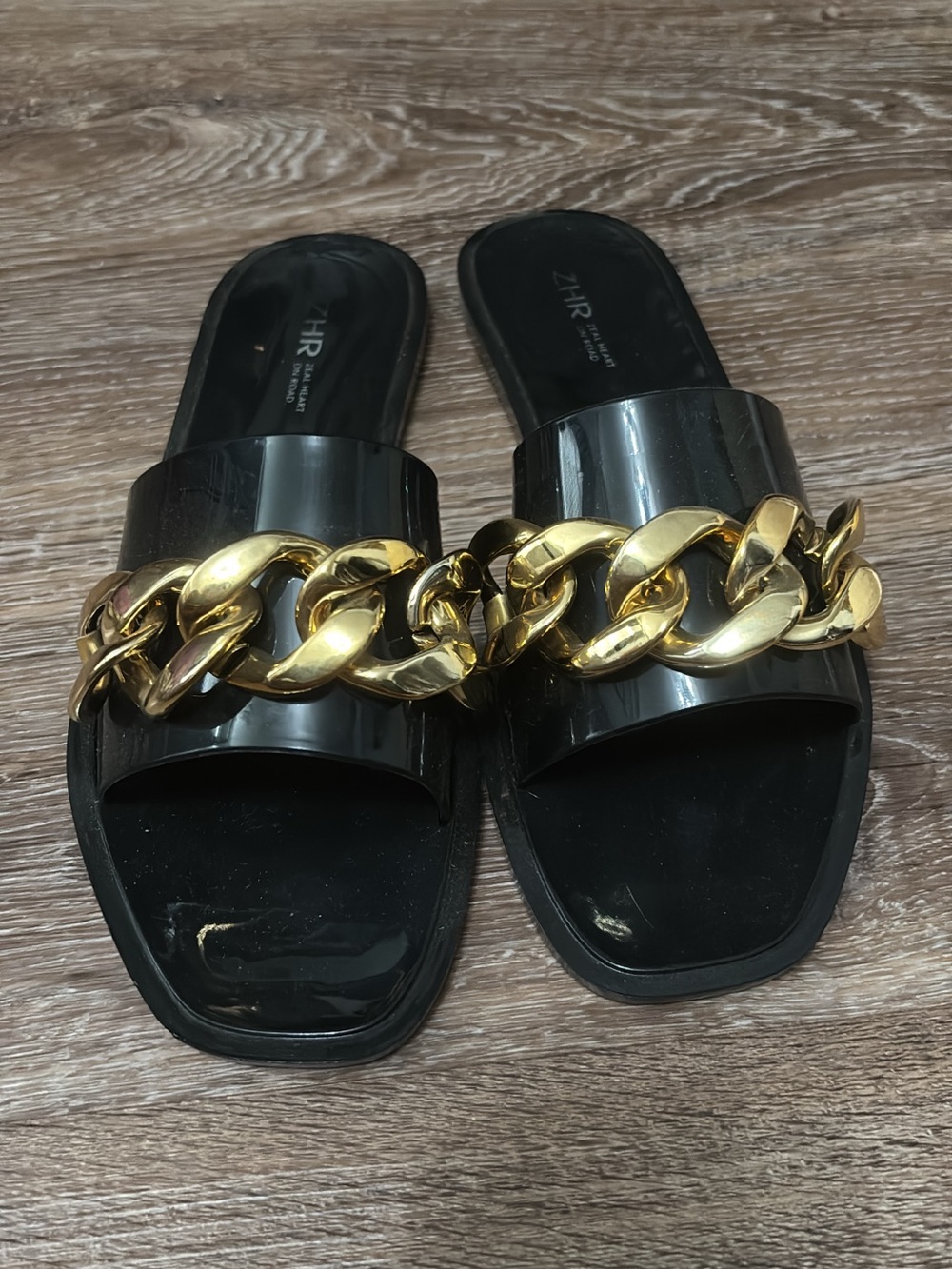 Black Slide Sandals with Gold Chain Accent